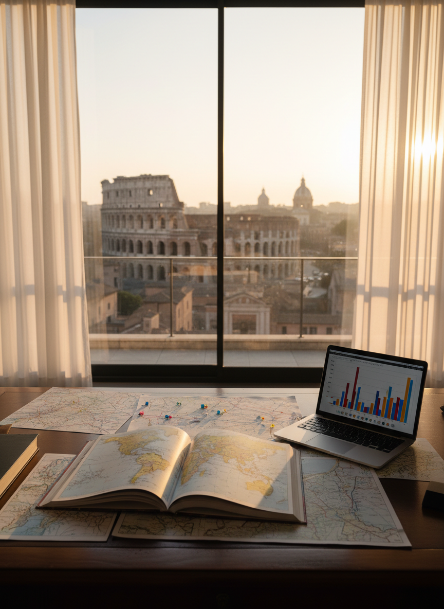 An elevated, wide-angle photographic view from inside a sleek, glass-walled study overlooking Rome’s historic skyline, with the Colosseum and distant domes softly blurred. In the foreground, a dark wooden desk holds a large open atlas, color-coded geopolitical maps, and a slim laptop showing abstract chart graphics with no legible text. Soft morning sunlight filters through sheer curtains, creating a calm, academic glow across the pages and desk surface. The atmosphere is professional and analytical, suggesting rigorous study of international relations. The composition balances interior detail with the iconic Roman cityscape, capturing both historical legacy and contemporary diplomacy in a clean, modern, realistic style.