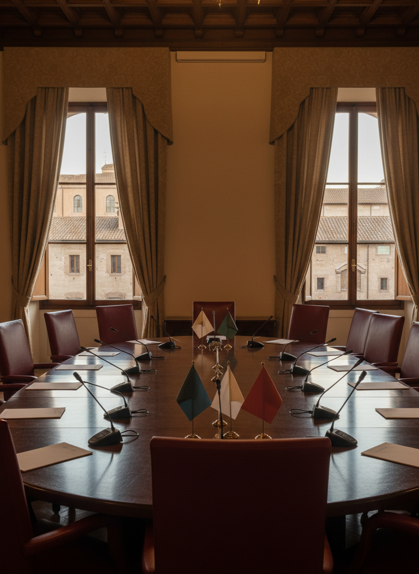 A semicircle of empty, high-backed leather chairs surrounding a polished oval table inside a stately room in Rome, Italy, suggestive of a diplomatic negotiation setting. The table surface is dotted with minimalist microphones, blank notepads, and small, neutral-colored tabletop flags without symbols or text, symbolizing diverse nations. Tall arched windows reveal softly blurred Roman stone facades and terracotta roofs outside. Warm, diffused interior lighting combines with gentle late afternoon light from the windows, producing soft reflections on the tabletop. Photographic realism, slightly elevated angle to capture the full layout, with crisp focus throughout. The mood is formal, anticipatory, and reflective of high-level international diplomacy and conflict resolution.